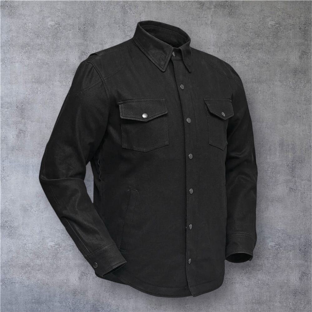 First MFG Co Rough Neck Raw Denim Motorcycle Riding Jacket Denim Shirt Black 5XL